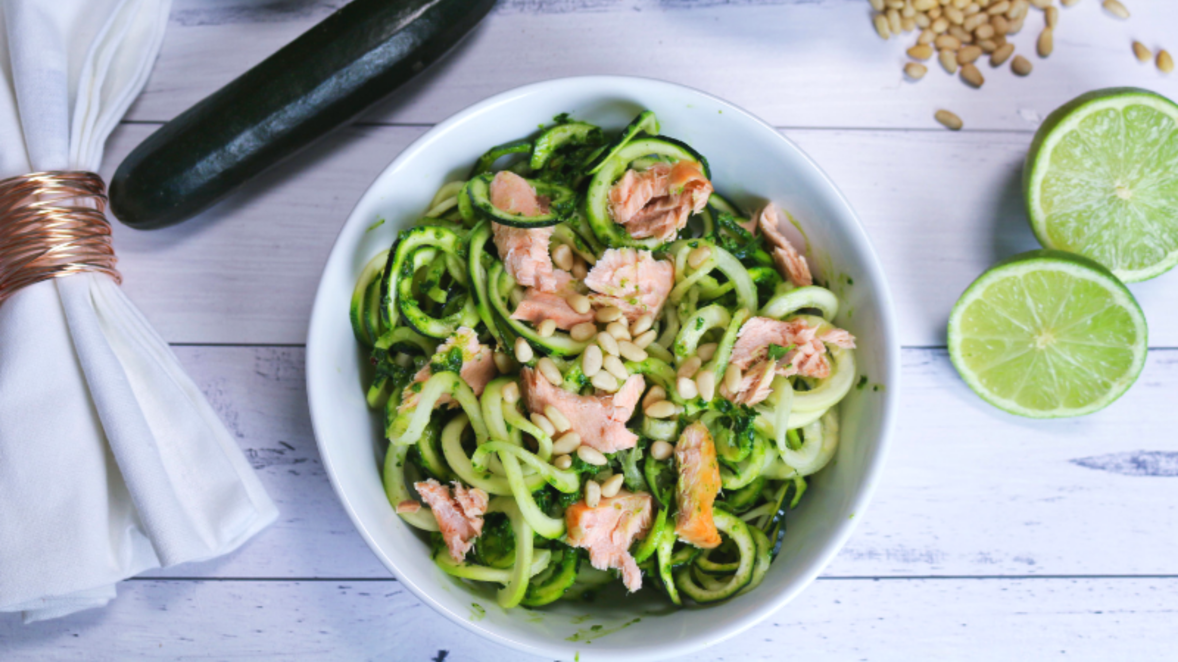 Kale, Pesto, Salmon Zoodles