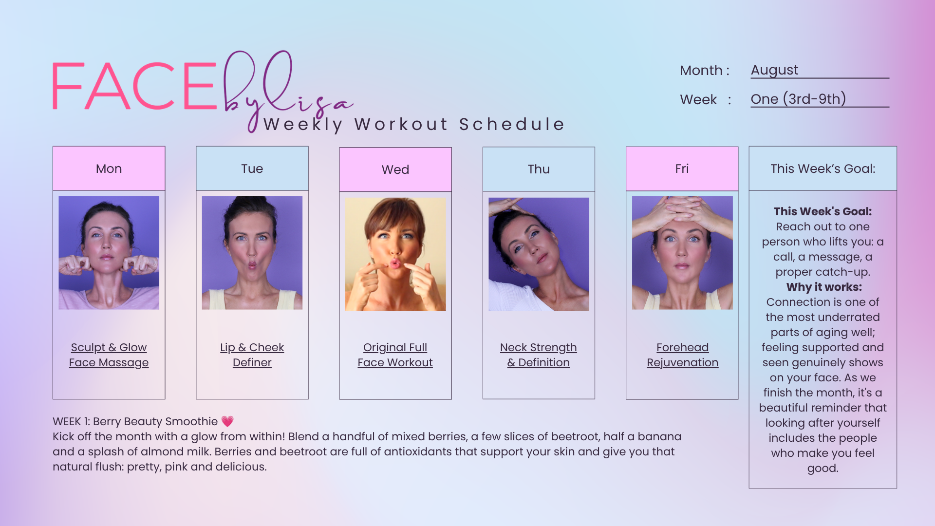 August Face Exercise Weekly Schedule Calendar