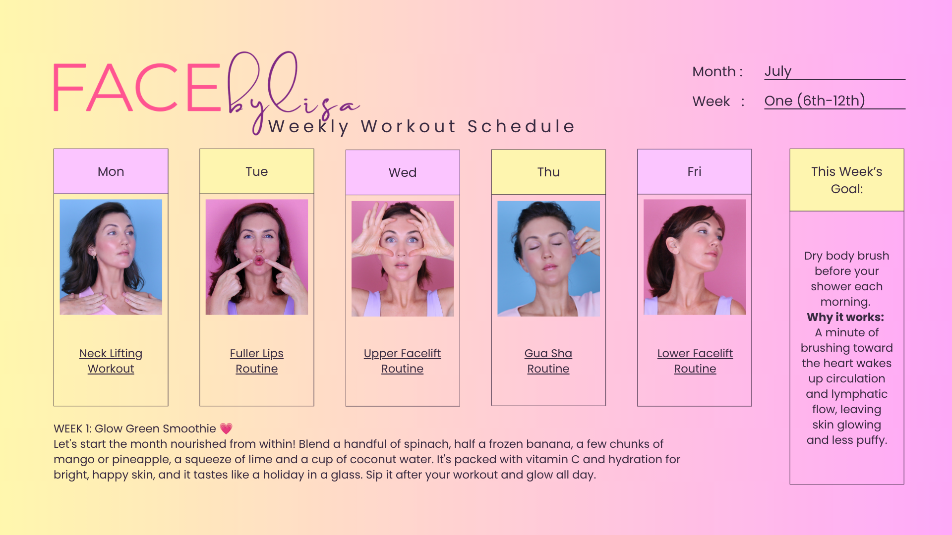 July Face Exercise Weekly Schedule Calendar