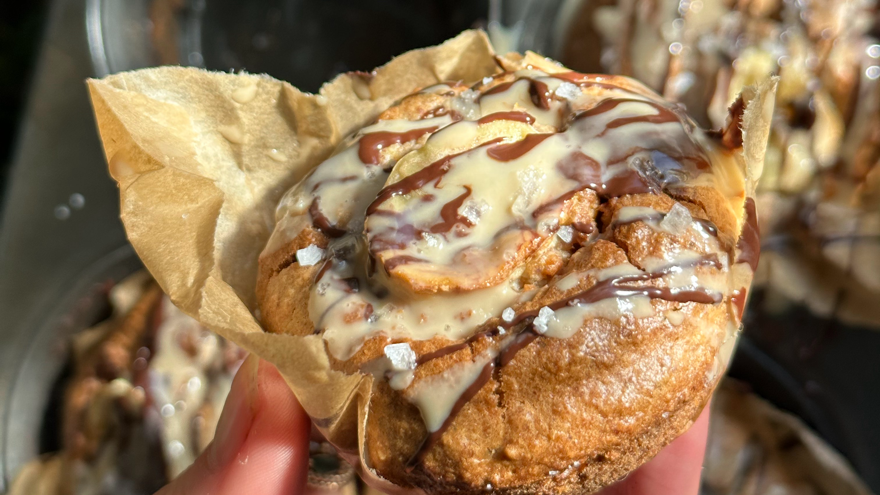 Banana Muffins W/ Salted Tahini Chocolate Glaze