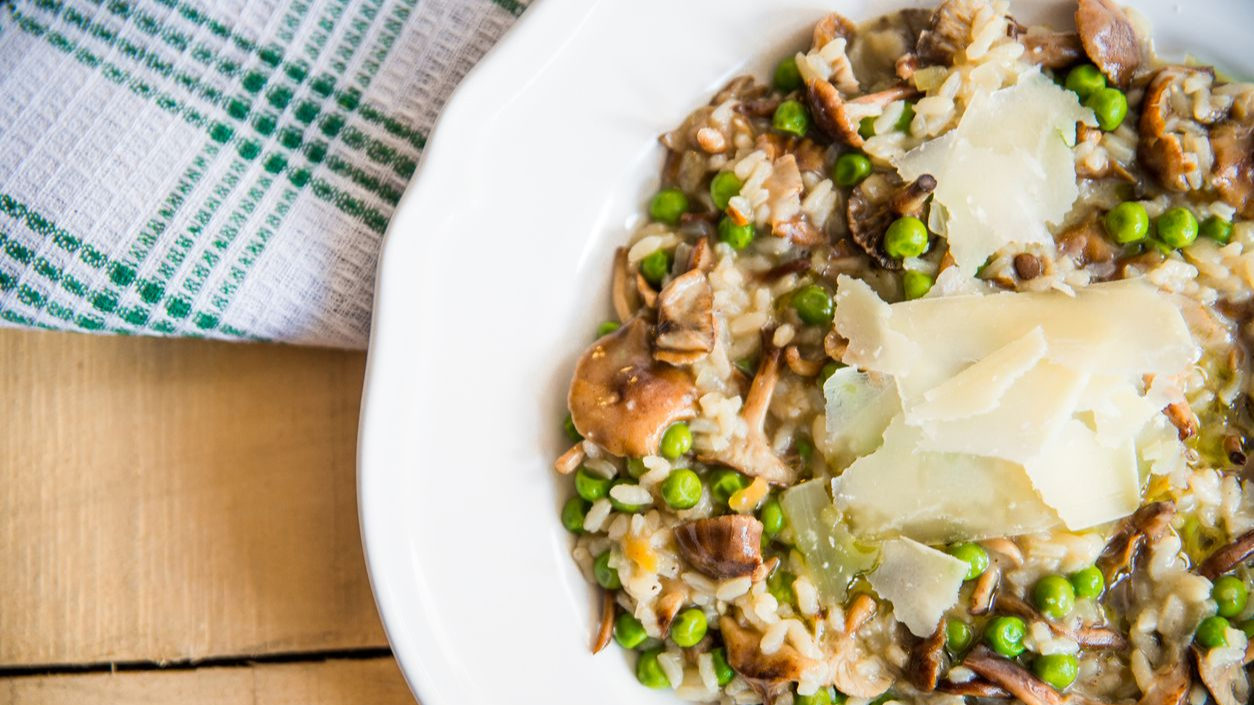 Pea and mushroom risotto