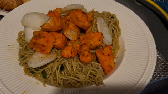 Home made egg noodles with Thai chicken.