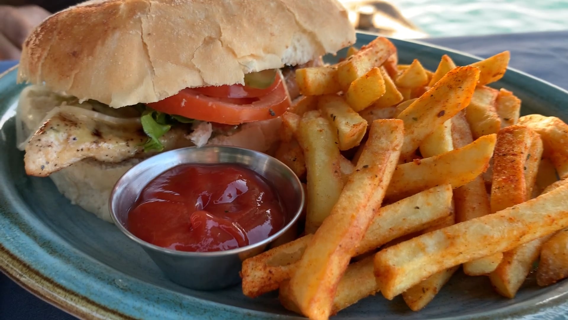 Chicken hamburger with fries