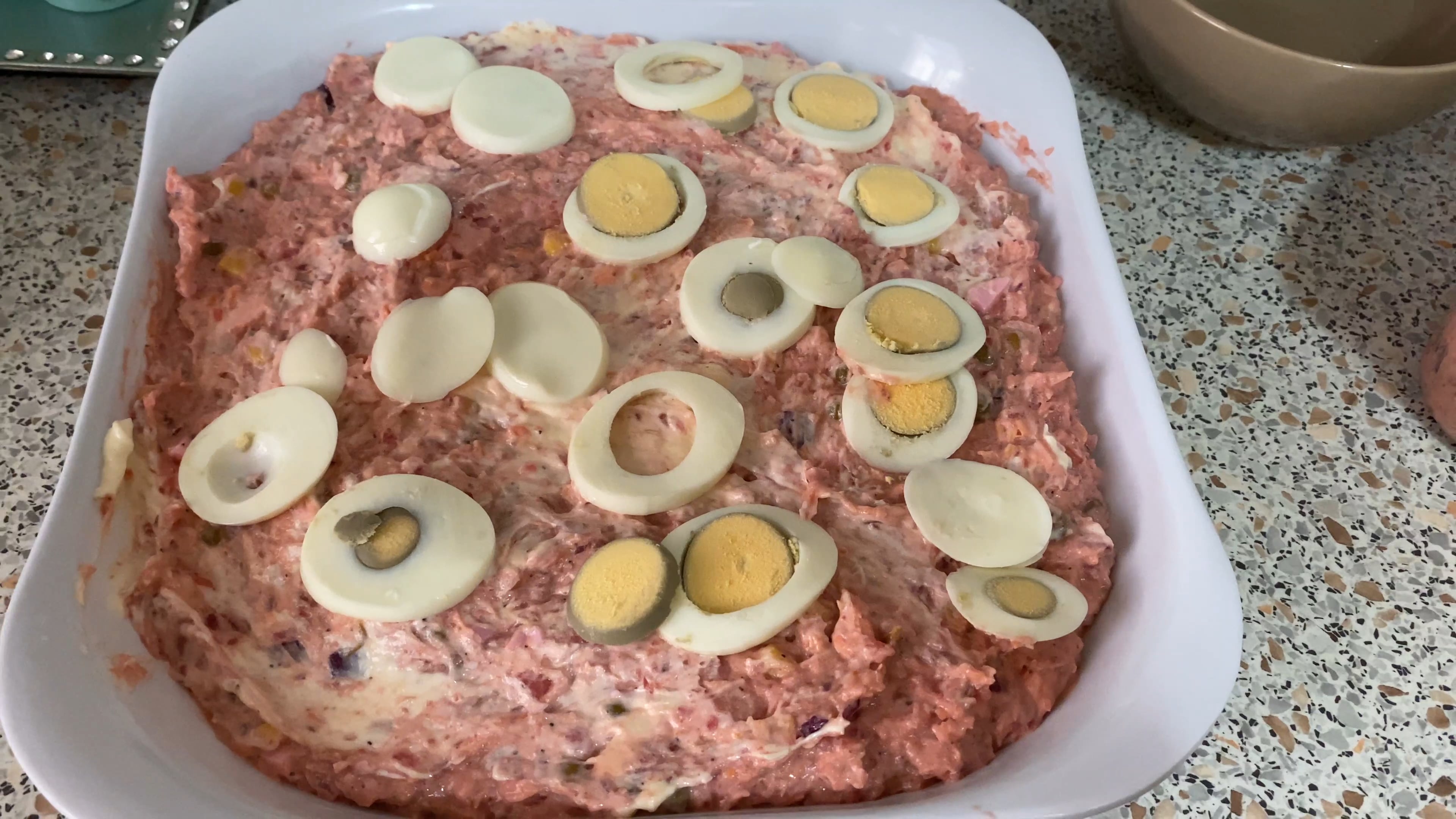 Pink potato salad with poached salmon