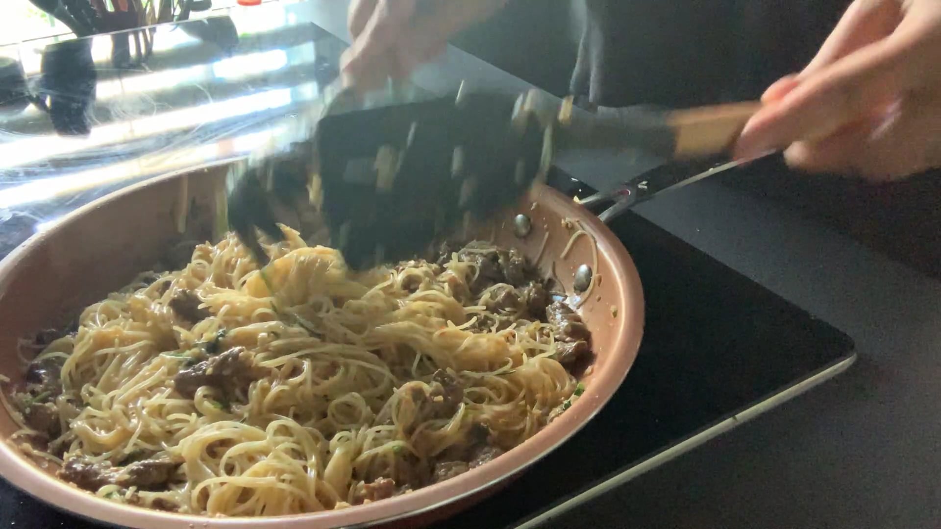 Stir fried beef with pasta