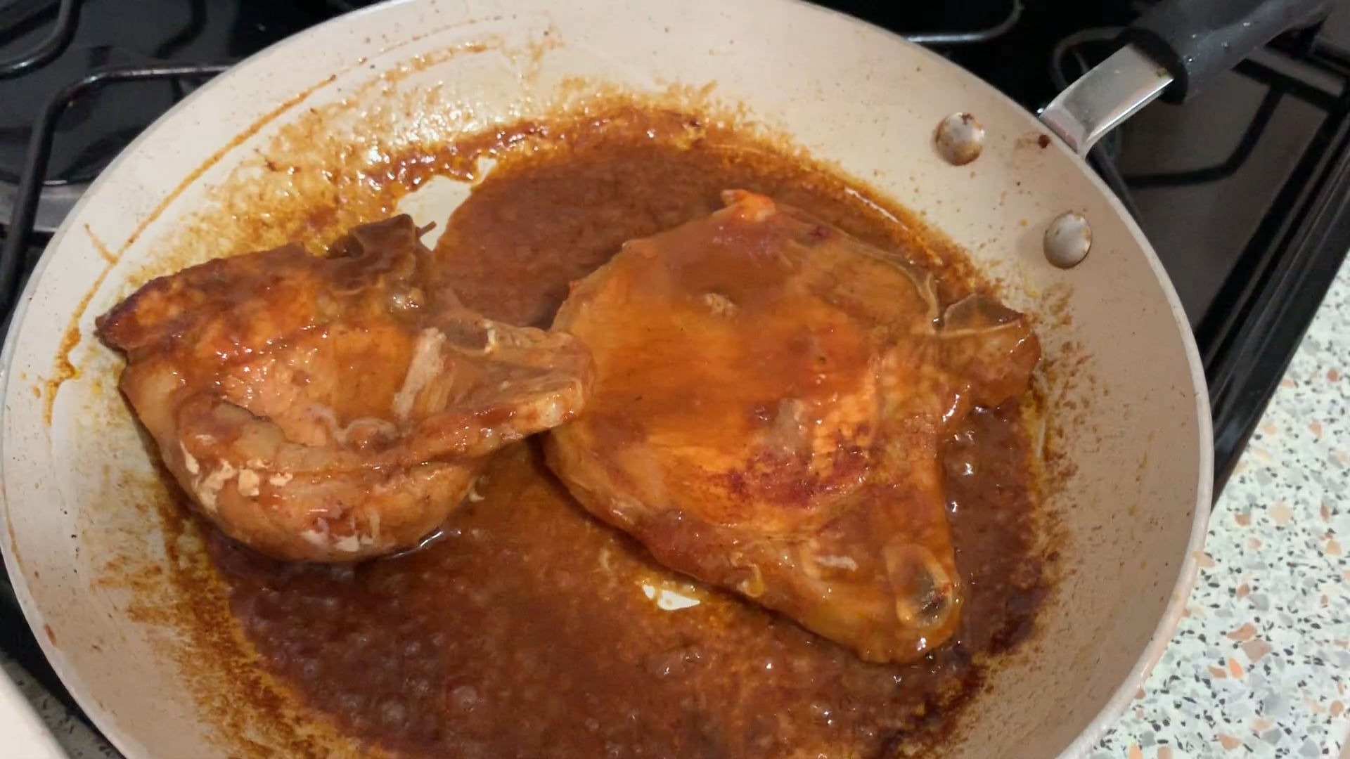 Pork chops sautéed in BBQ sauce