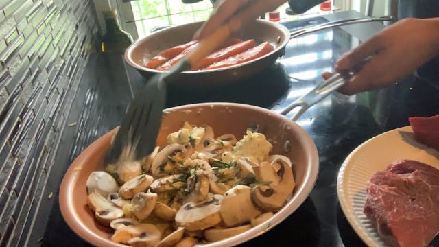 Salmon slices, mushrooms with rosemary