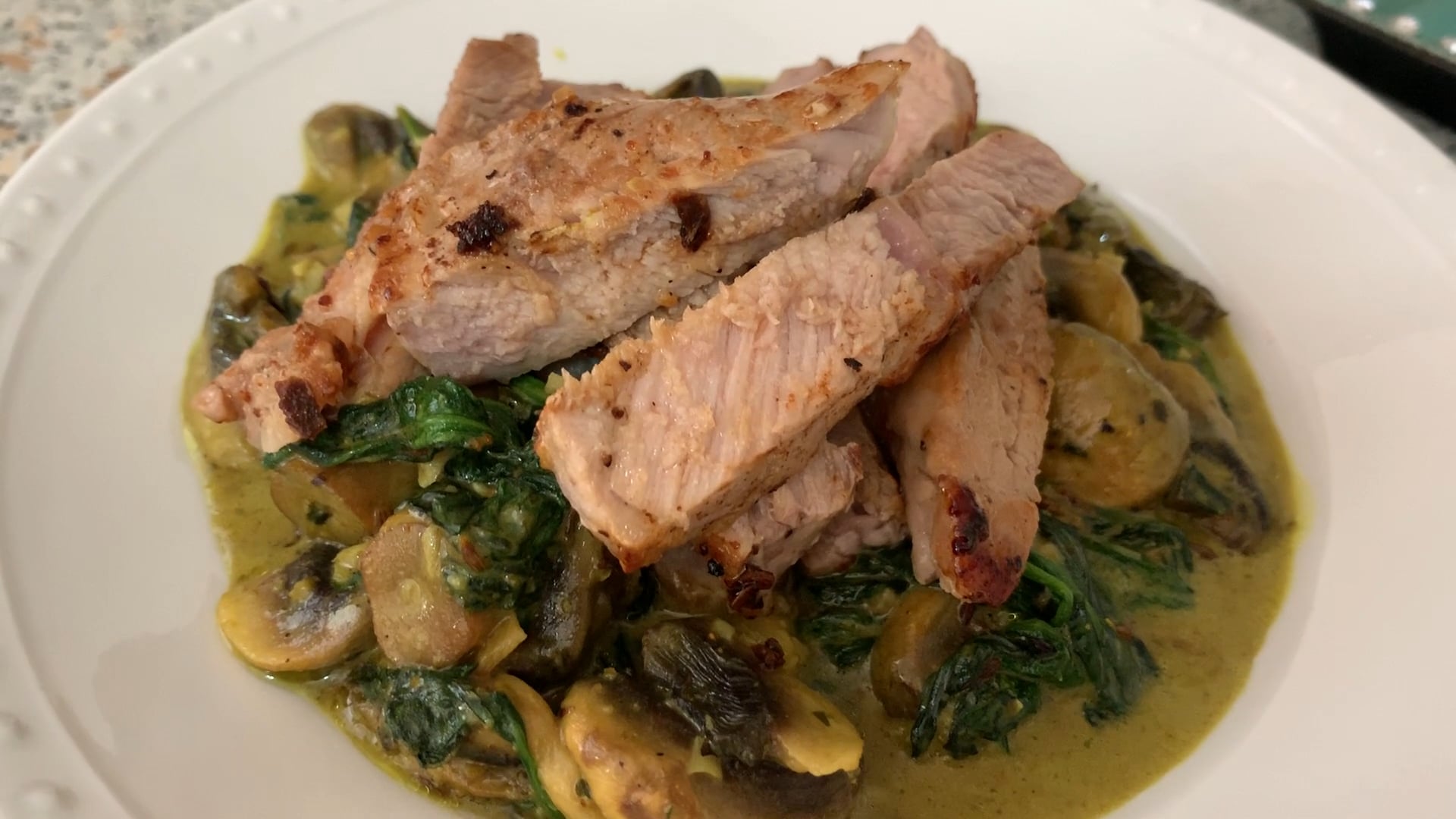 Spinach mushrooms and pork chops