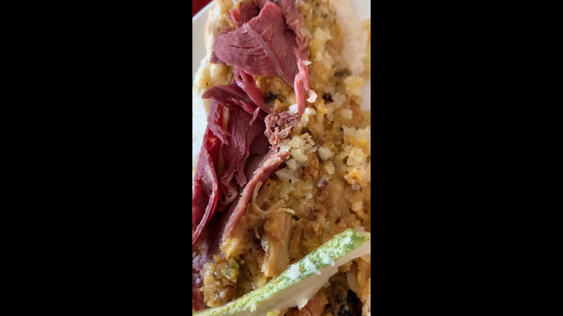 Pom with salty beef on a bun