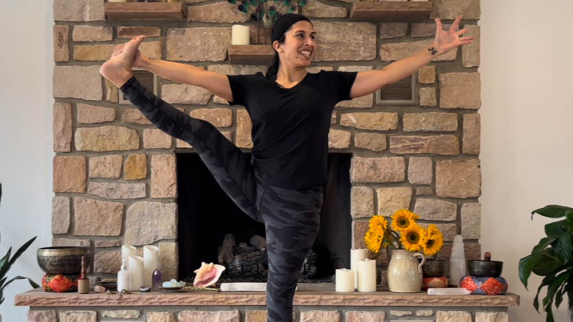 Hand-to-big-toe pose asana lab practice with Cristina