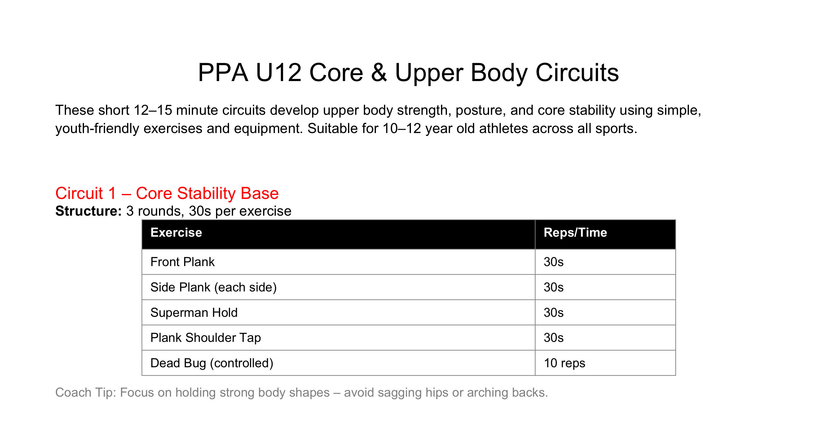 U12 Core & Upper Body Circuits