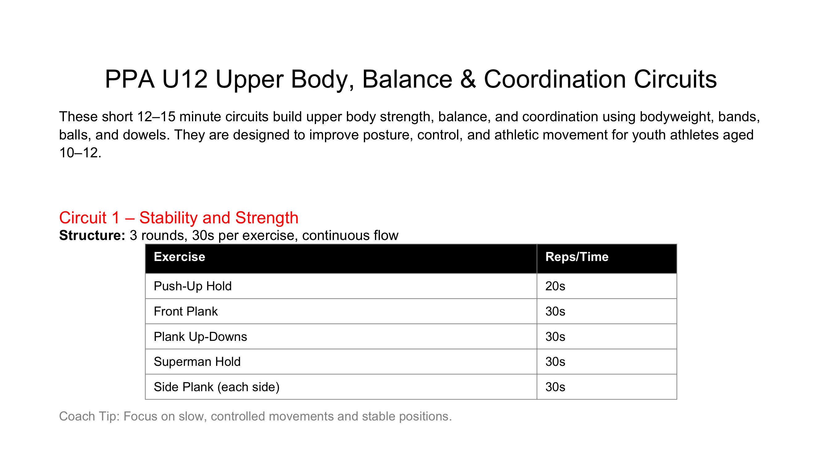 U12 Upperbody, Balance & Coordination Circuits