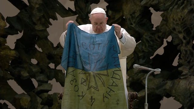 Pope Francis shows Ukrainian flag fro...