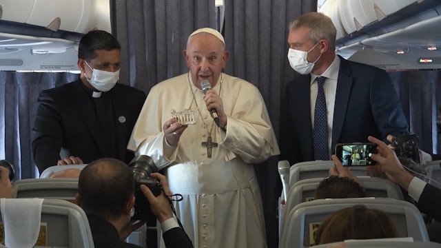 Pope Francis on flight to Rome asks for more coordination to help refugees