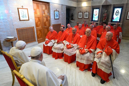 The 20 new cardinals greet Pope Emeritus Benedict XVI together with Pope Francis