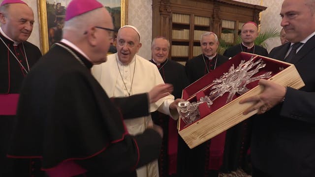 Pope Francis receives glass reliquary...