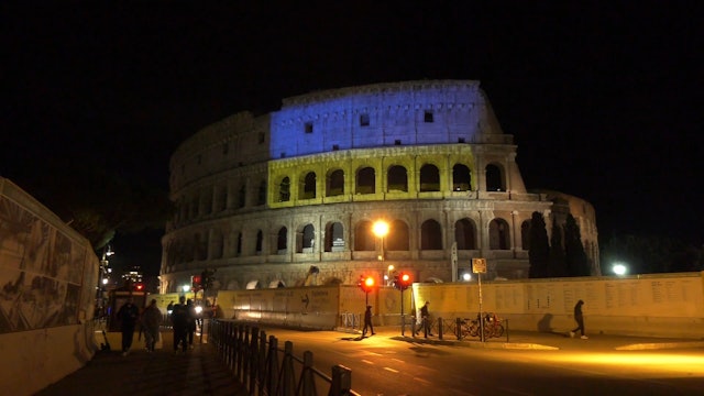 Colosseum lit up with colors of Ukrainian flag