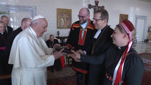 Pope Francis listens to indigenous Sámi, who share their story