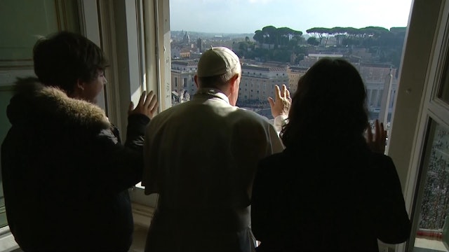 Pope surprises crowd praying Angelus with two young people in St. Peter's Square