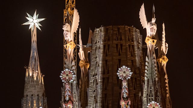 Basilica of Sagrada Familia illuminat...