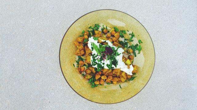 Curried Potatoes with Cashew Raita