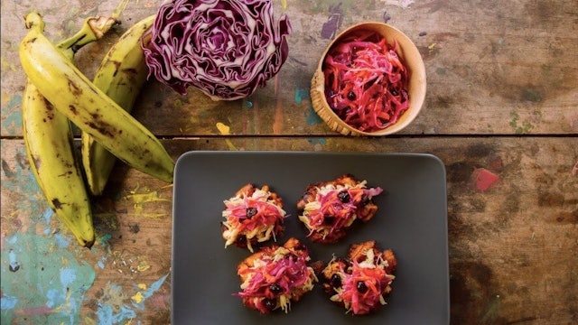 Shredded Chicken Patacones w/ Raisin Coleslaw