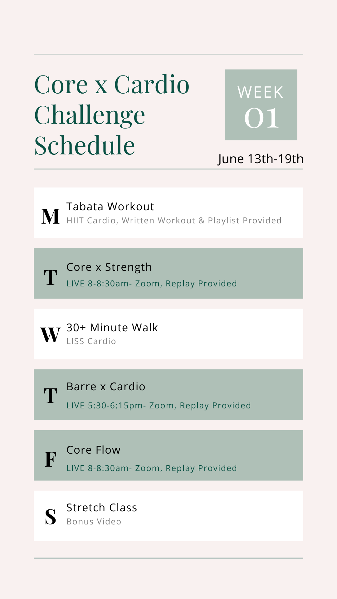 Week 1 Schedule- Core x Cardio