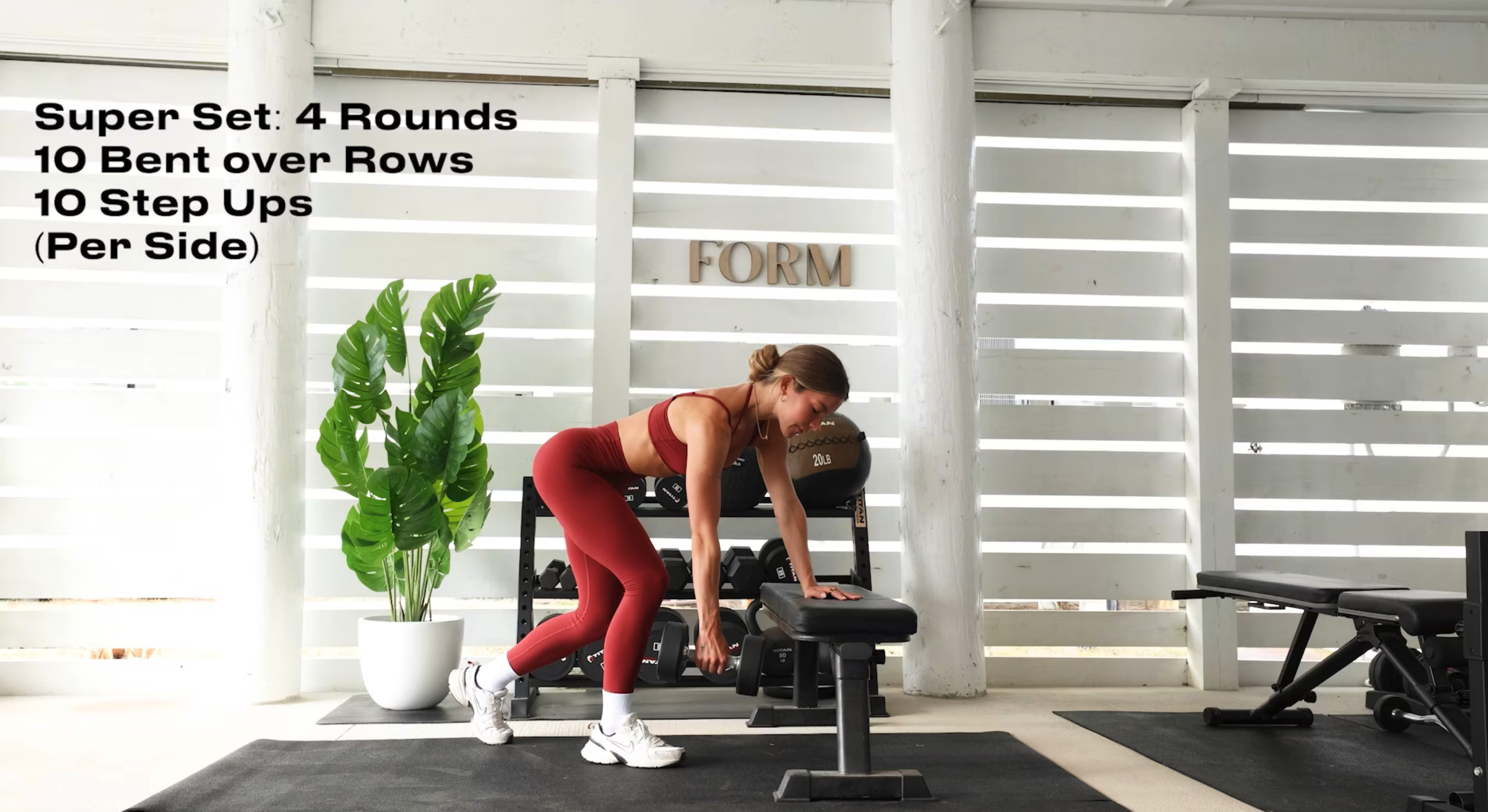 SUPERSET 4x:  10 BENT OVER ROWS + 10 STEP UPS