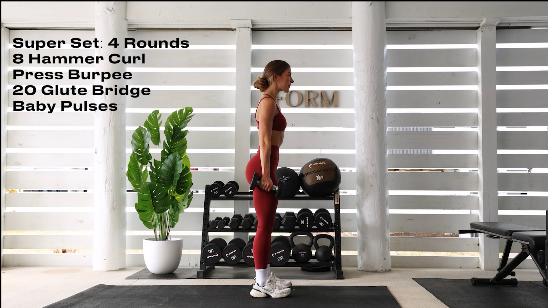 SUPERSET 4X: 8 HAMMER CURL PRESS BURPEE + 20 GLUTE BRIDGE BABY PULSES  (4x20) 