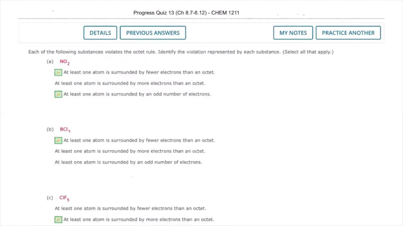 Spring 2024 CHEM 1211 Progress Quiz Preview (Chapter 8.7 8.12