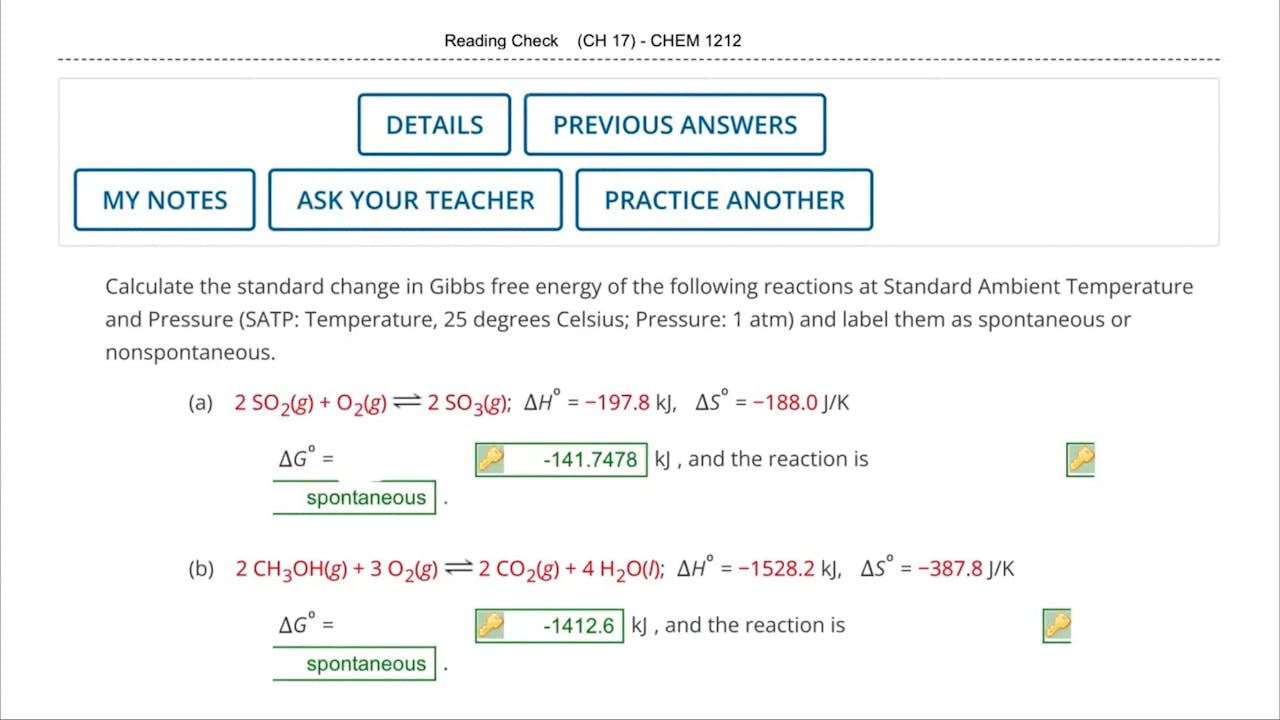 Spring 2024 CHEM 1212 Reading Check Preview (Chapter 17 Gibbs Free
