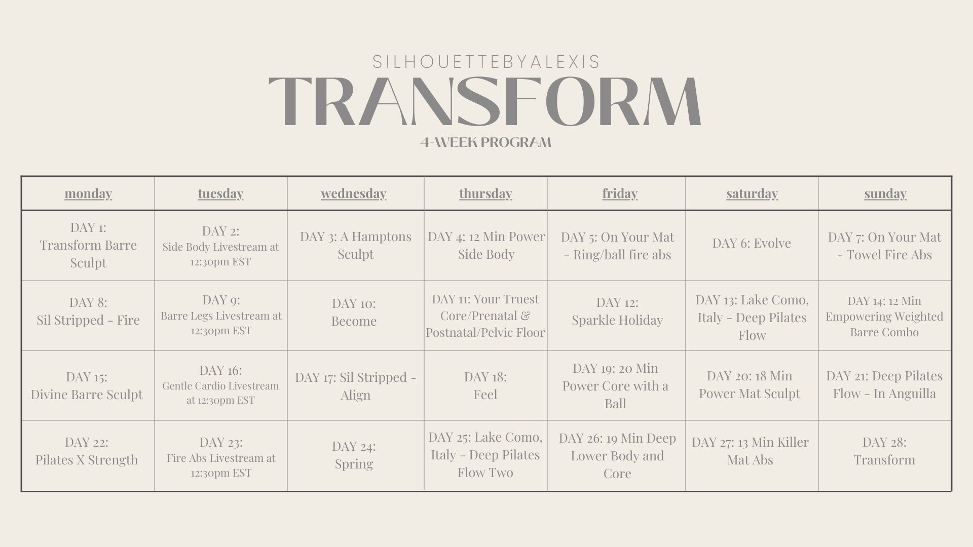 Transform Intensive 4-Week Calendar