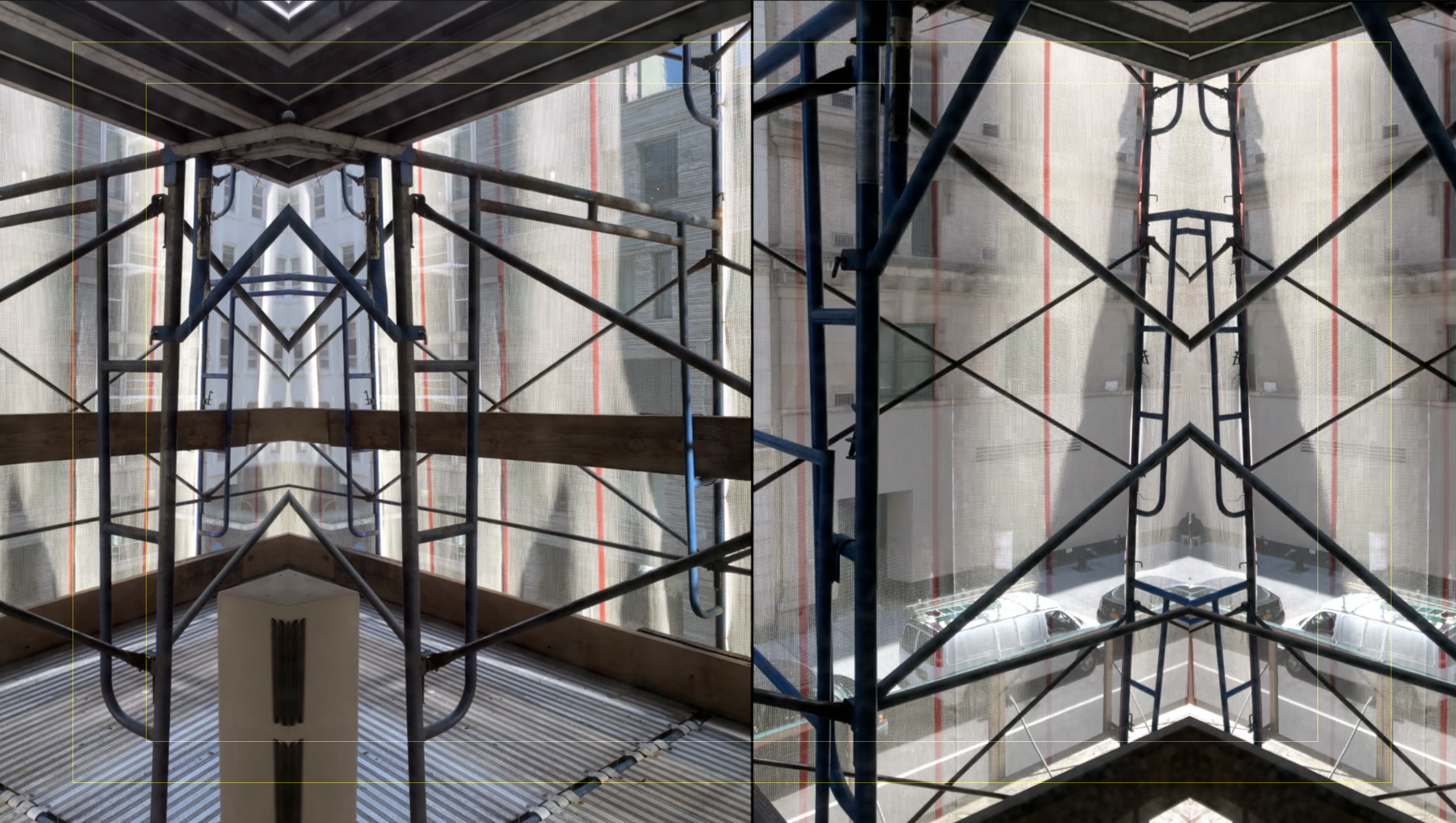 Morning Sunlight inside the scaffolding's wind-blown net