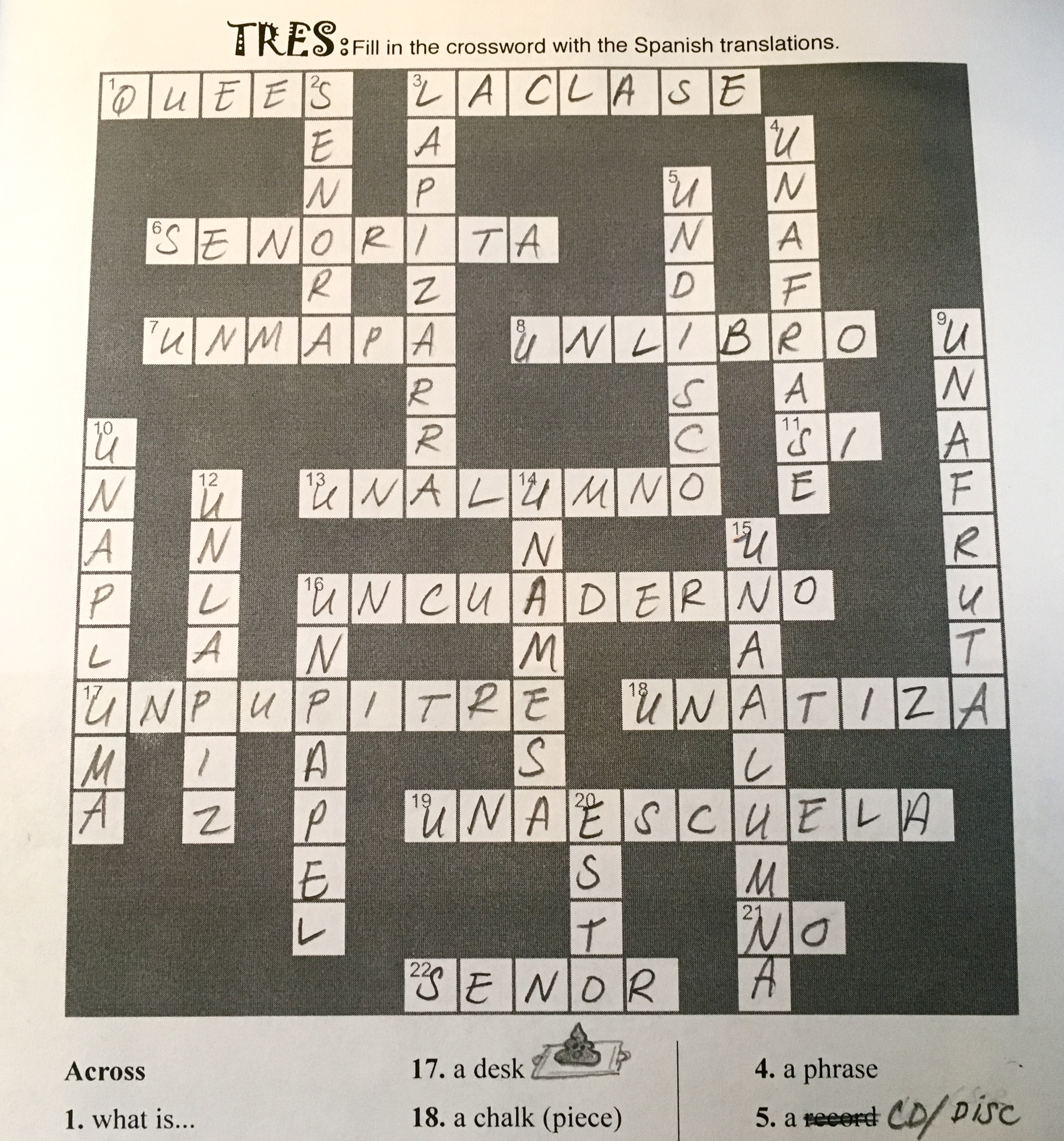 Spanish Geniuses Level 1 Lesson 01 Crossword Key Tres.jpg