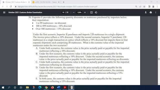 October 2021 Question 56 U.S. Customs...