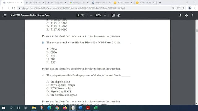 April 2021 Question 3 U.S. Customs Br...
