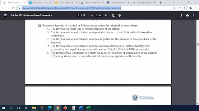 October 2021 Question 22 U.S. Customs...