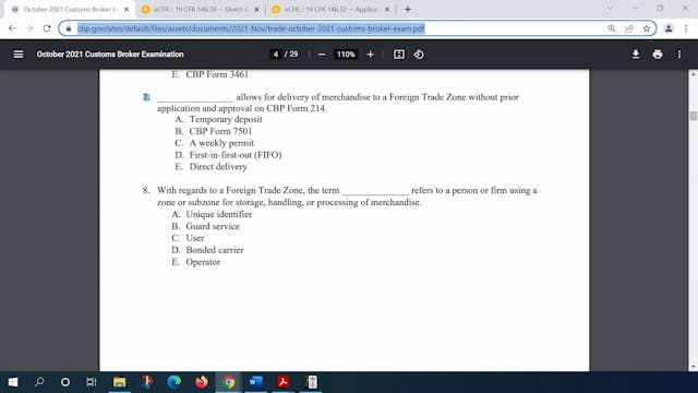 October 2021 Question 7 U.S. Customs ...