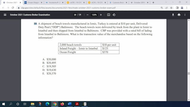 October 2021 Question 59 U.S. Customs...
