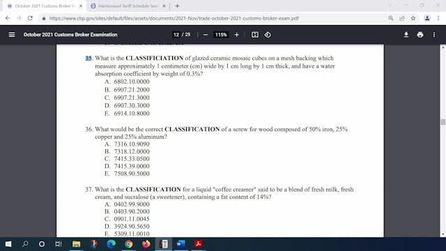 October 2021 Question 35 U.S. Customs...