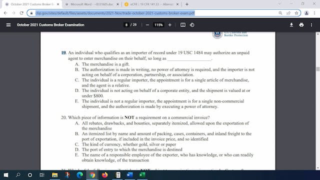 October 2021 Question 19 U.S. Customs...