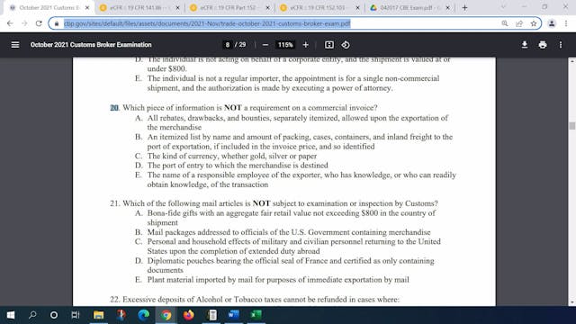 October 2021 Question 20 U.S. Customs...