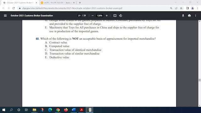 October 2021 Question 61 U.S. Customs...