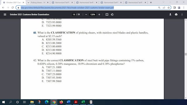 October 2021 Question 41 U.S. Customs...