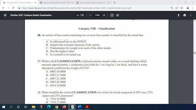 October 2021 Question 34 U.S. Customs...