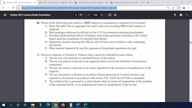 October 2021 Question 21 U.S. Customs...