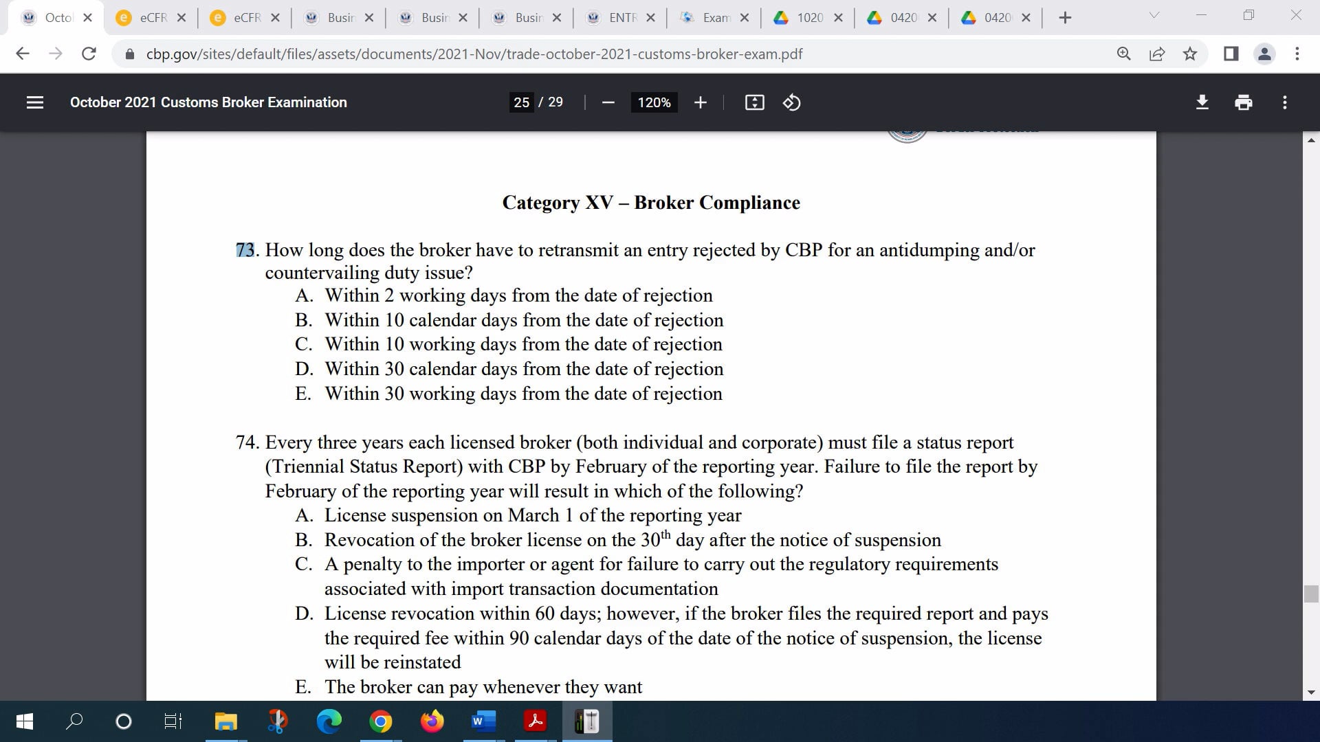 October 2021 Question 73 U.S. Customs Broker License Exam Discussion