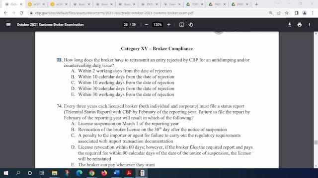October 2021 Question 73 U.S. Customs...