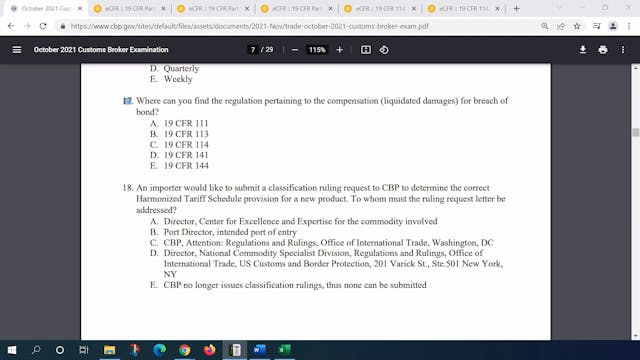 October 2021 Question 17 U.S. Customs...