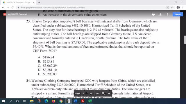October 2018 Question 23 U.S. Customs...